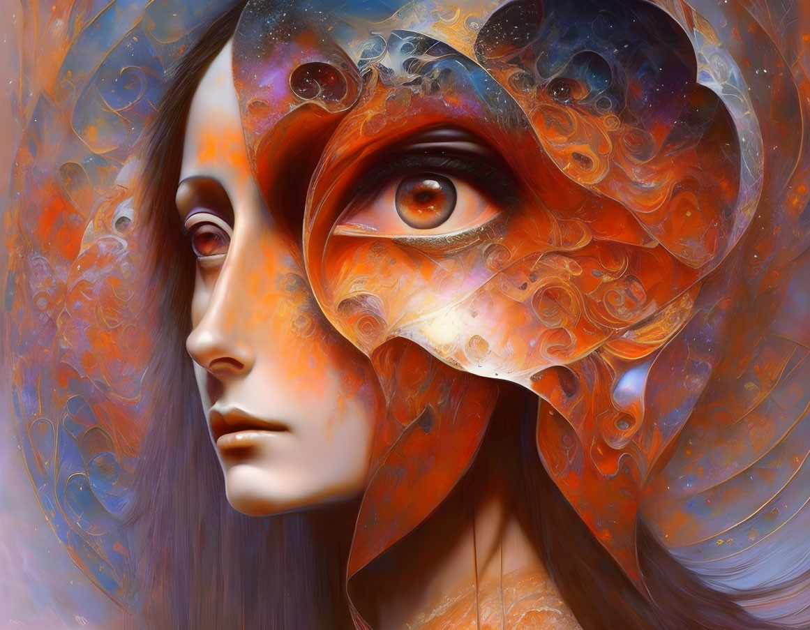 Surreal portrait with cosmic and fiery elements and a detailed eye