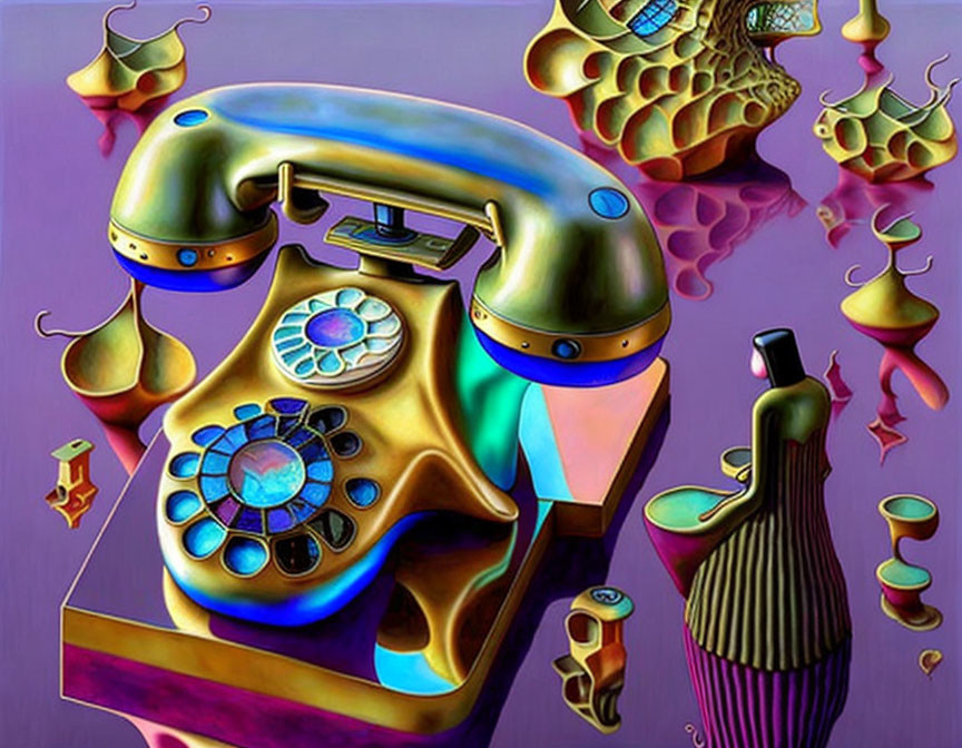 Vibrant surreal painting of distorted rotary dial telephone