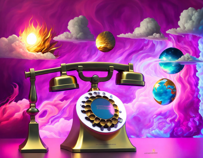 Surreal artwork: vintage telephone, cosmic elements on purple backdrop