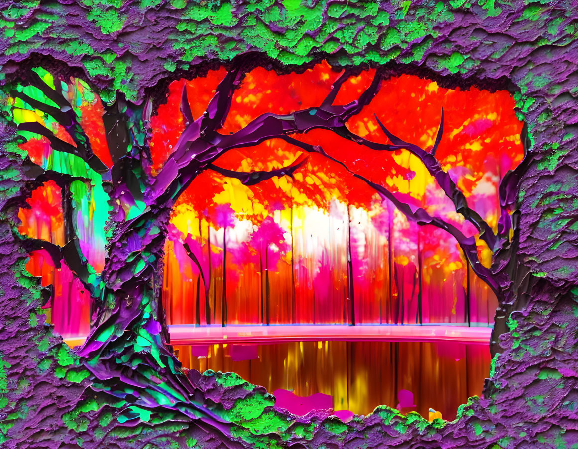 Abstract painting of psychedelic forest in red and purple tones