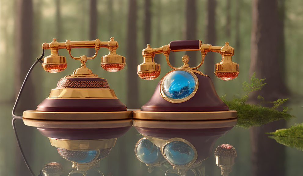 Vintage telephone with multiple receivers in whimsical forest setting