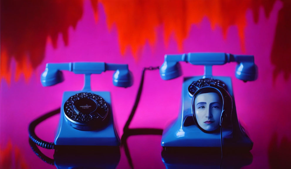 Vintage Telephones with Female Face Reflection on Receiver Against Purple Background