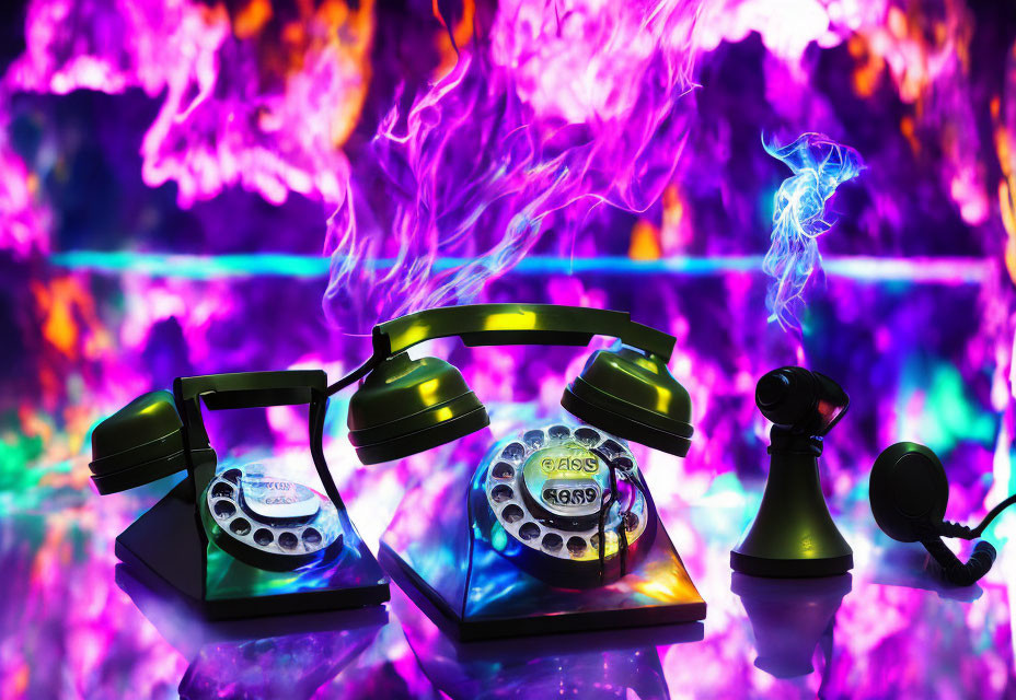 Vintage telephones with neon lights and purple flames on colorful background