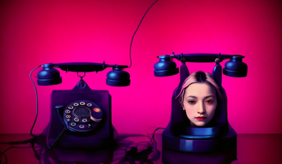 Surreal vintage telephones with woman's face on pink backdrop