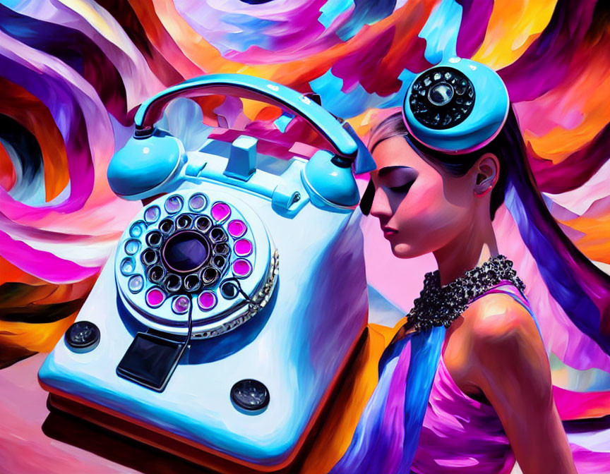 Vibrant Purple-Haired Woman with Vintage Rotary Phone in Colorful Artwork