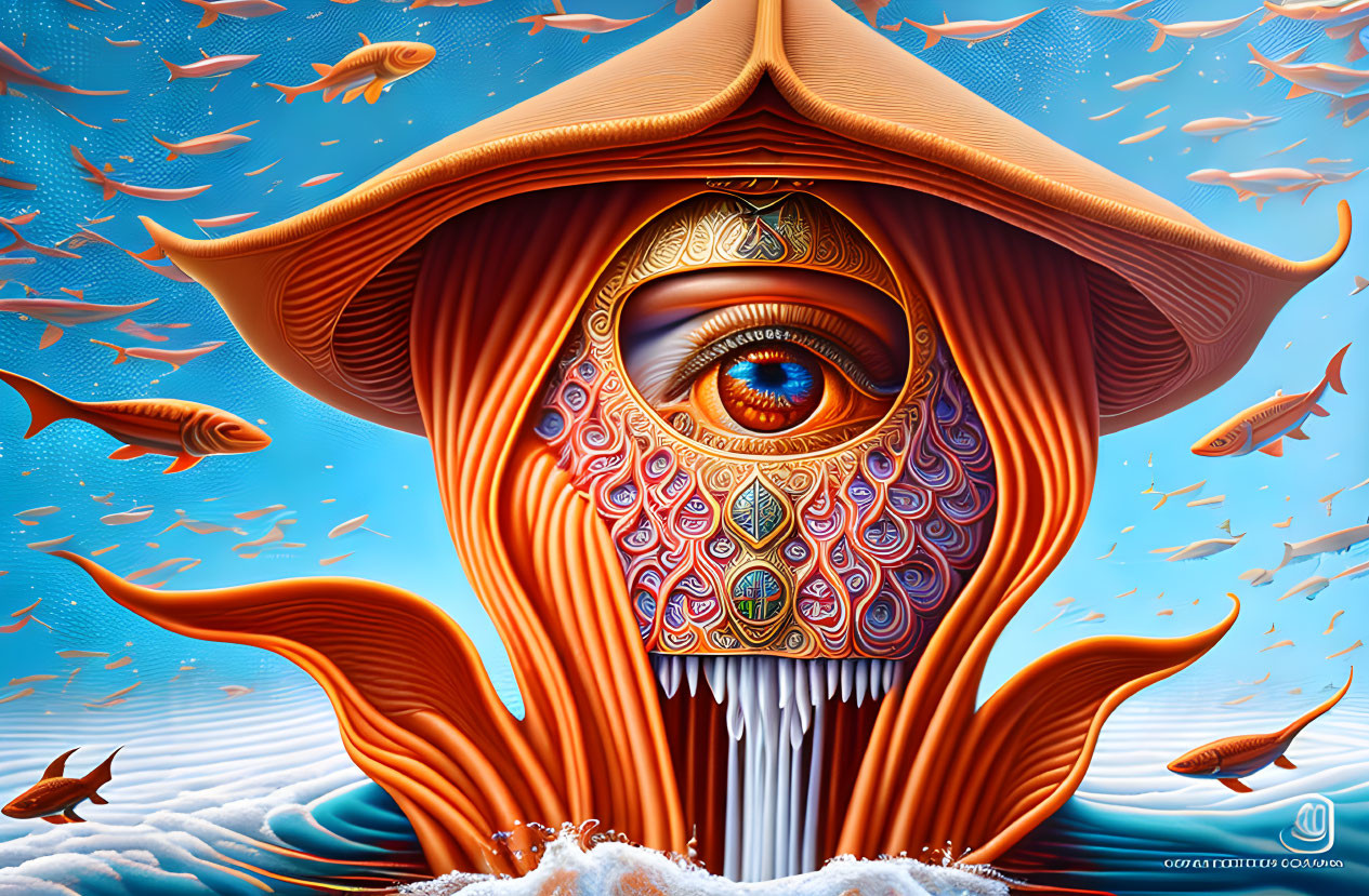 Surreal illustration: large eye in orange mushroom with fish and clouds