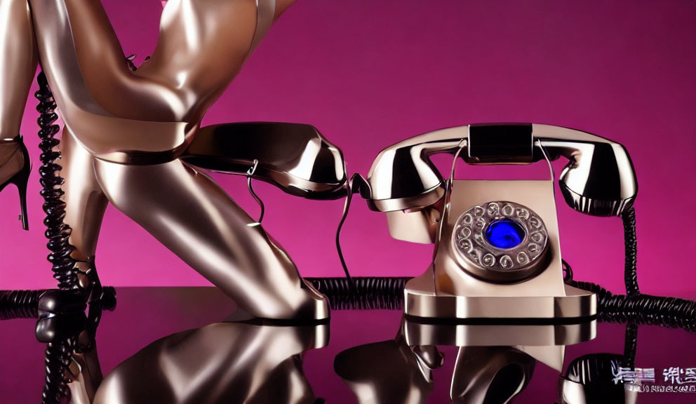 Vintage rotary telephone with mannequin parts on pink background