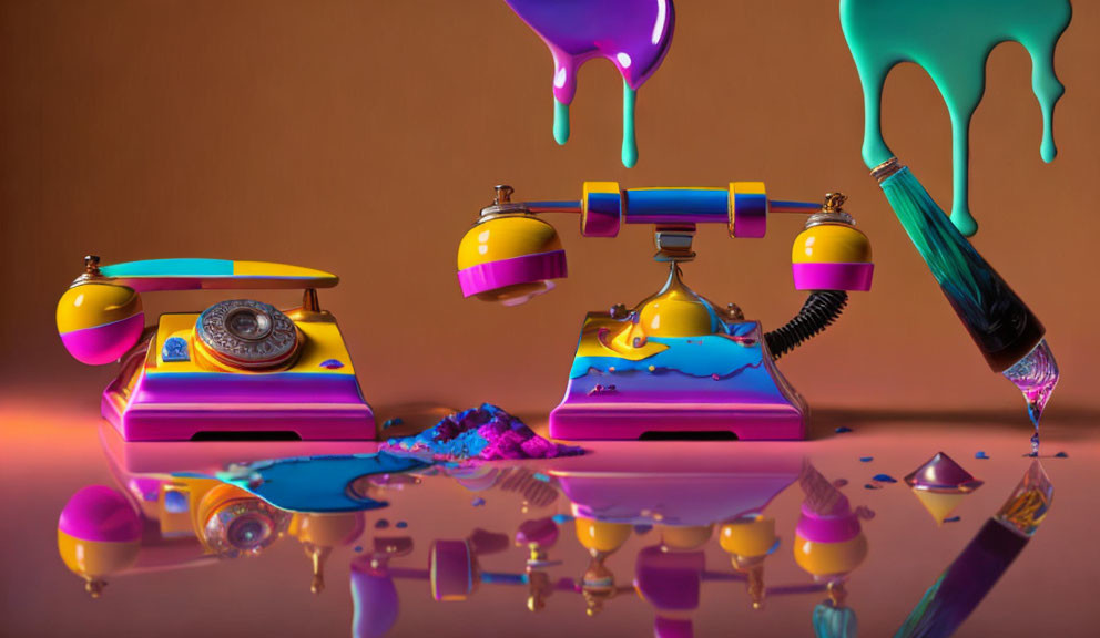 Vibrant retro telephones melting in surreal style