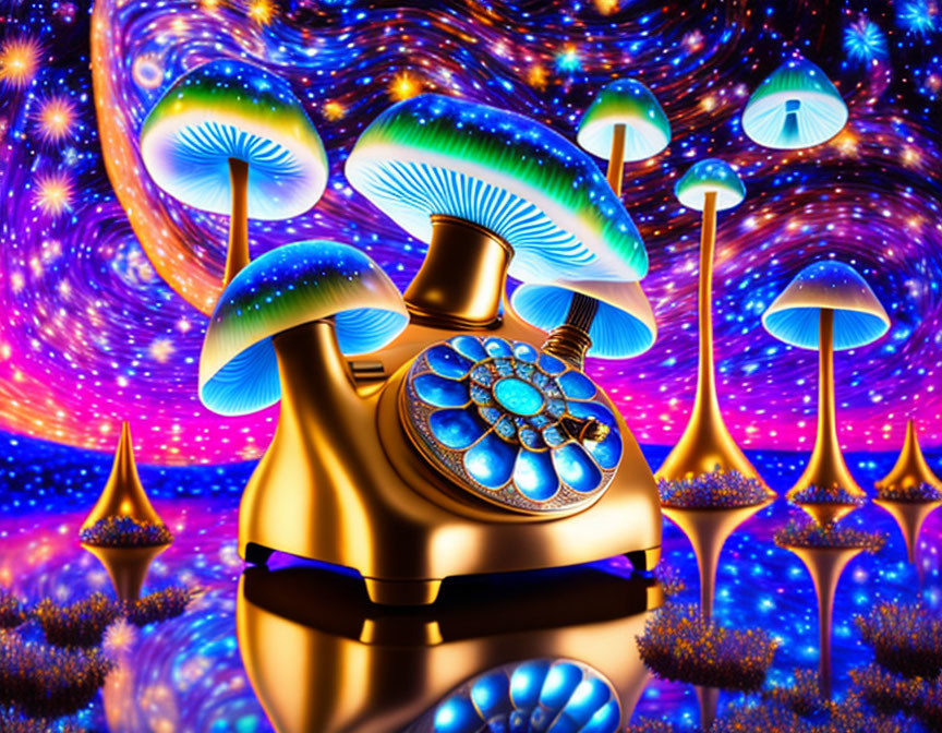 Colorful Digital Artwork: Vintage Phone with Luminescent Mushrooms in Cosmic Setting