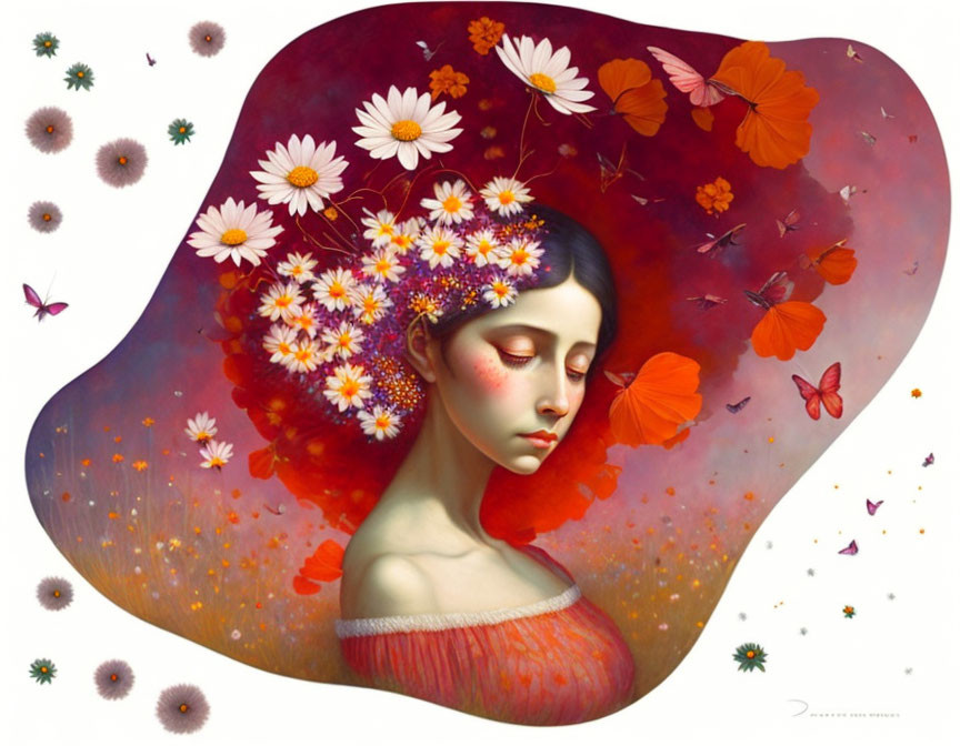 Woman with flowers and butterflies in flowing hair against red and white backdrop