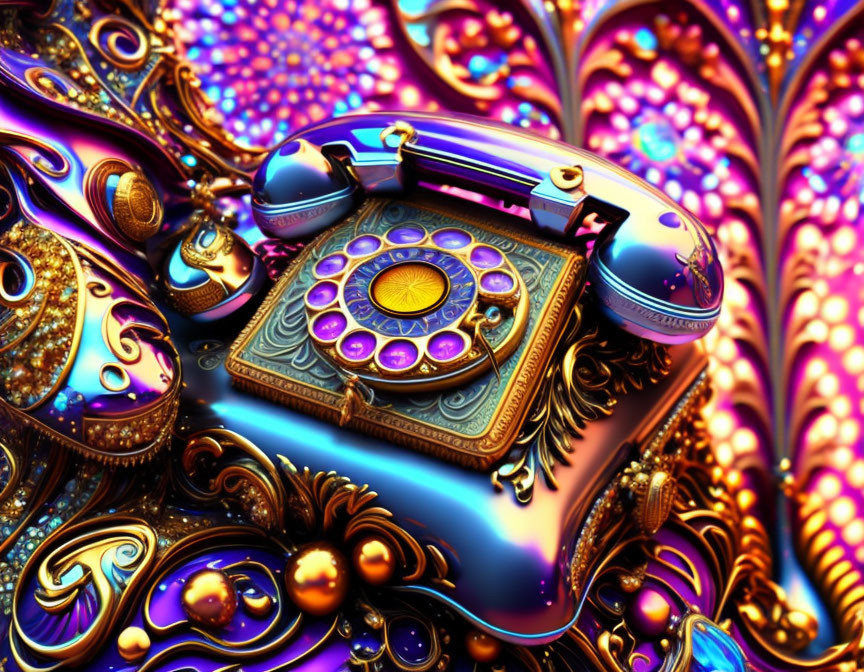 Colorful vintage rotary phone with ornate details in blue, purple, and gold hues