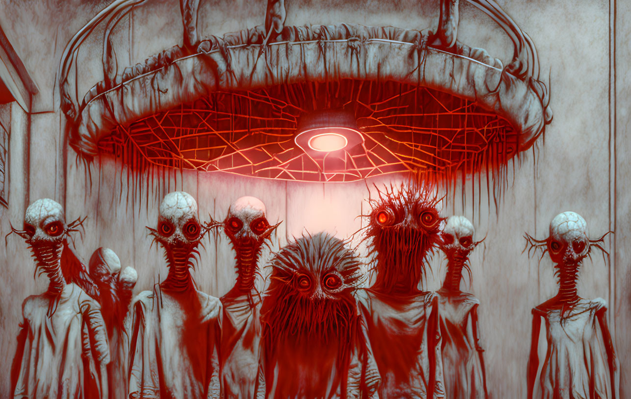 Eerie humanoid figures with elongated heads under red light