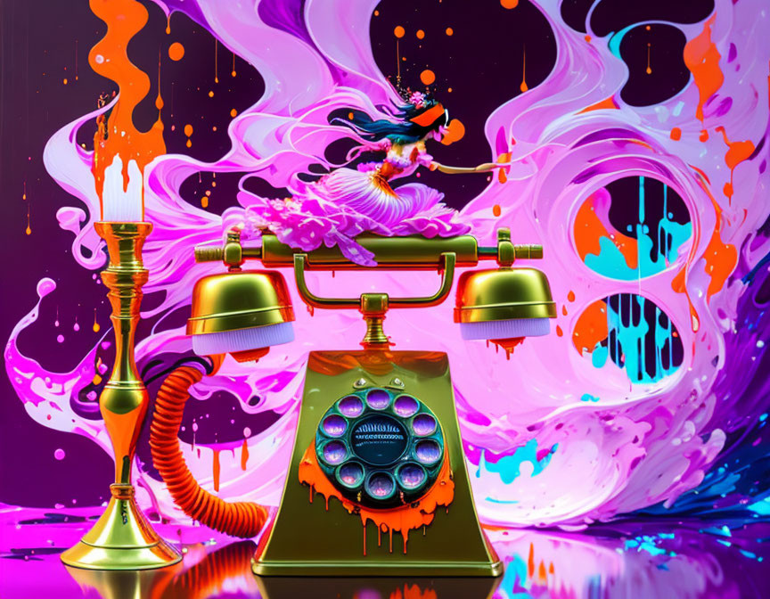 Colorful digital artwork: antique phone with rotary dial, dynamic paint splashes, character surfing on paint