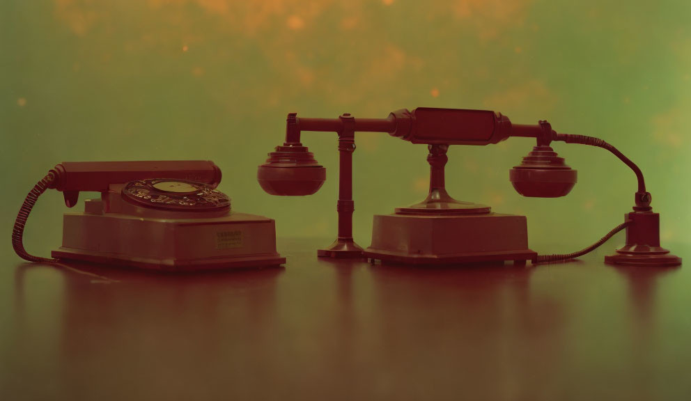 Retro telephone and desk lamp on table with orange and green backdrop