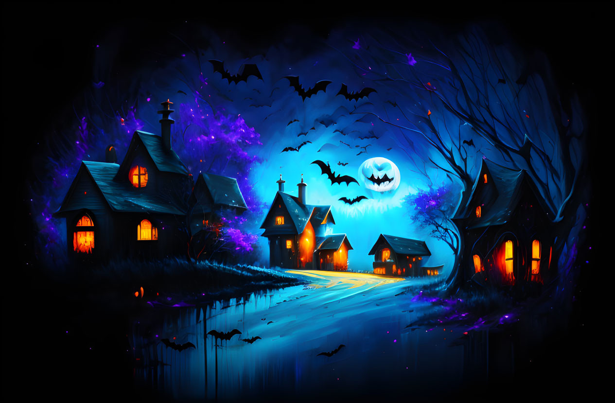 Vivid Halloween-themed illustration with haunted houses, bats, full moon