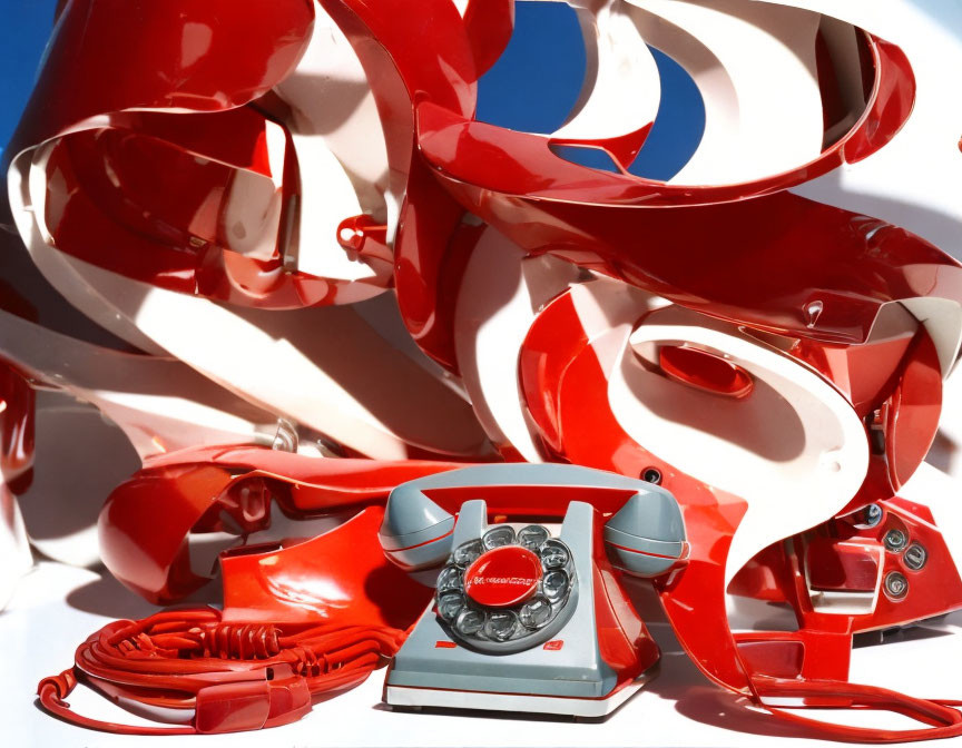 Vintage Red Rotary Phones with Tangled Cords on Striped Background