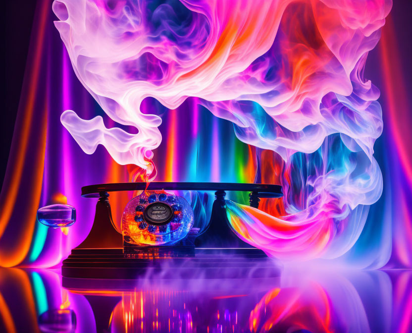 Colorful smoky plumes above vintage telephone on rainbow backdrop