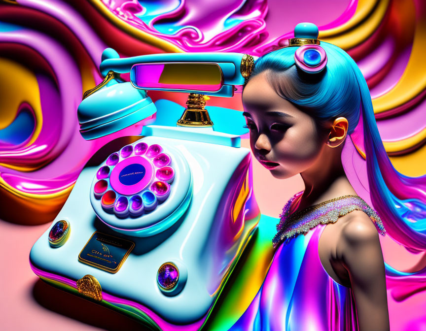 Colorful Stylized Girl with Blue Hair by Retro Rotary Phone on Psychedelic Background