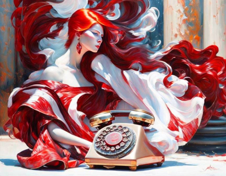 Vibrant artwork of woman with flowing red hair and antique telephone in classical setting