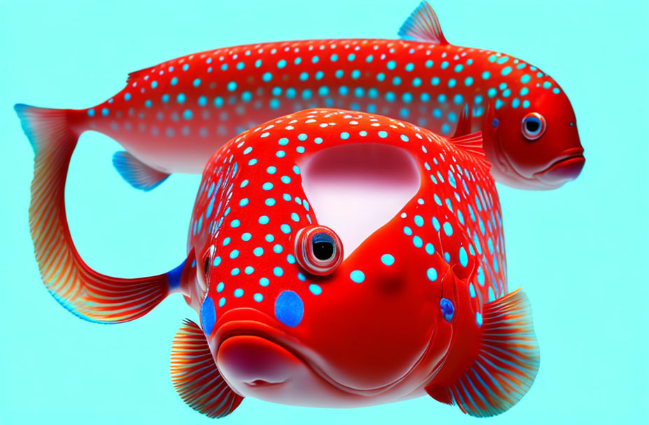 Vibrant red fish with white polka dots and blue eyes on teal background