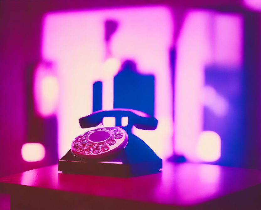 Vintage rotary phone silhouette on neon pink and purple backdrop with blurred windows.