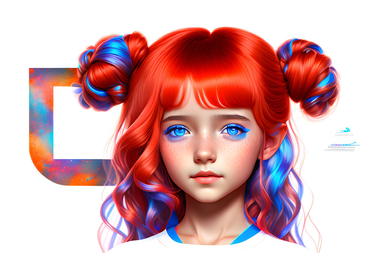 Digital illustration of young girl with blue eyes, red hair in double buns, freckles,