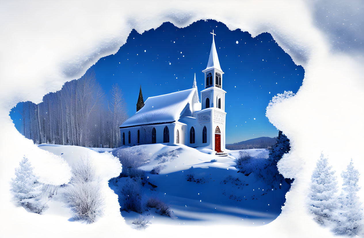 Snow-covered white church in serene winter night landscape