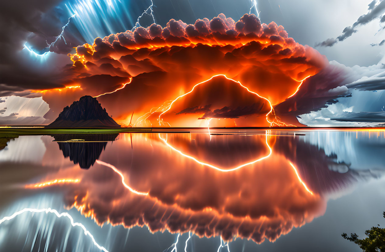 Intense lightning storm over mountain and serene lake