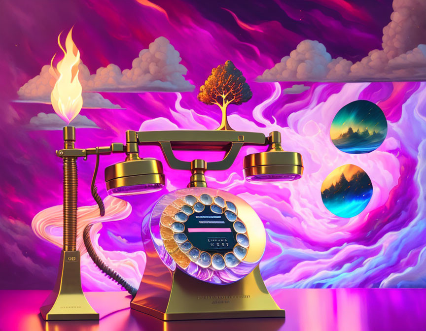 Surreal golden retro telephone with flaming handset and burning tree in swirling landscapes on pink-purple backdrop