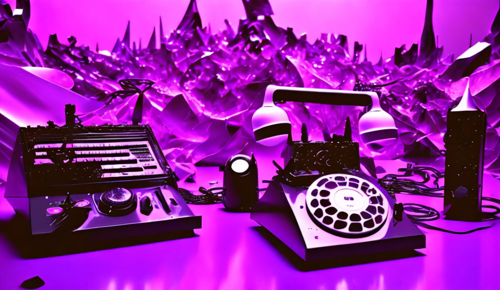 Vintage Telephone and Audio Equipment on Purple Background with Metallic Foil