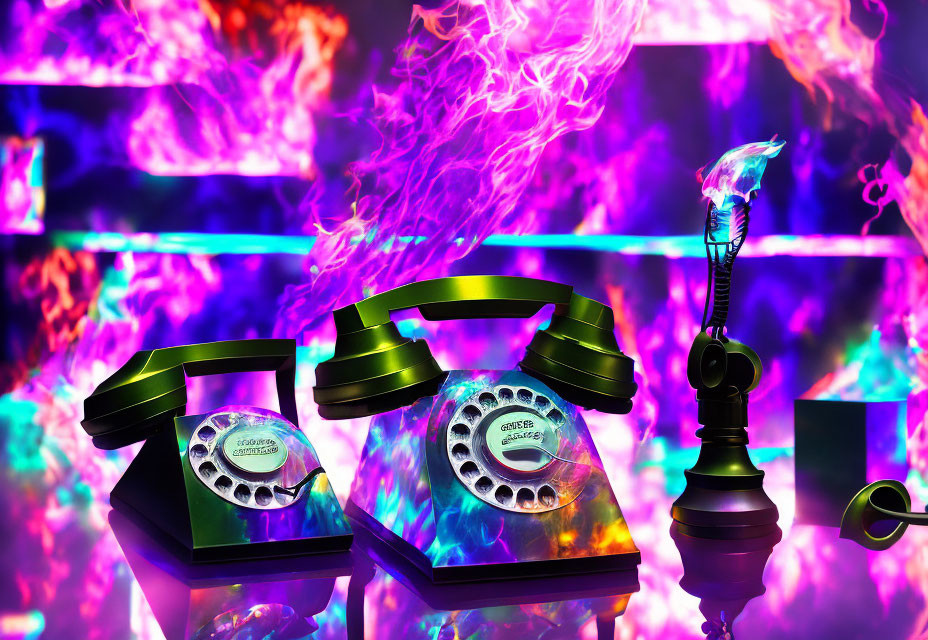 Vintage rotary telephones in surreal flames with neon lighting and reflections.