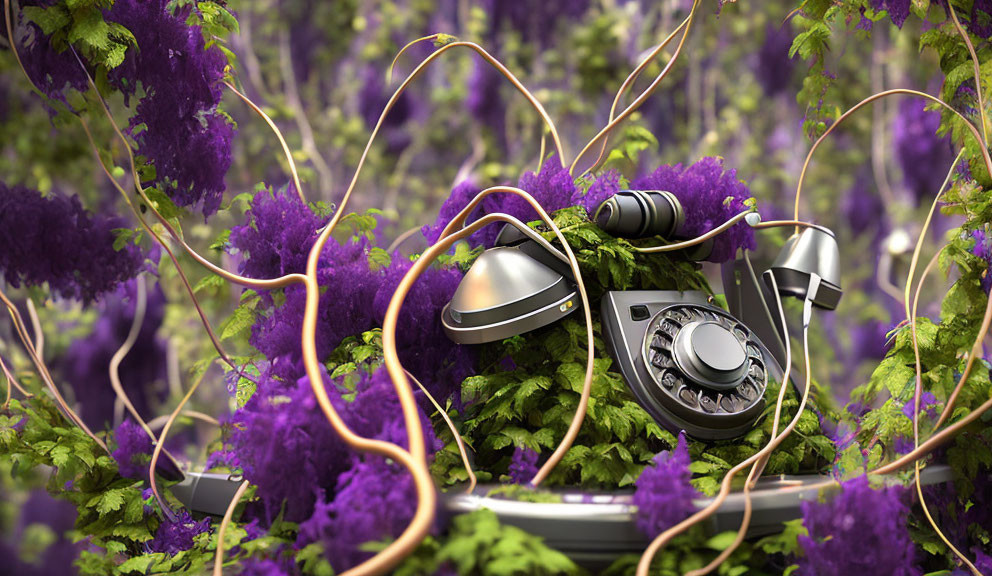 Vintage rotary telephone with purple flowers in mystical forest.