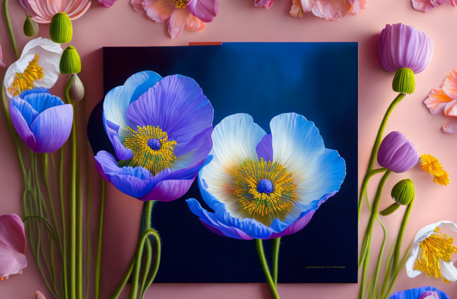 Vibrant blue poppies painting on canvas with pink and purple flowers