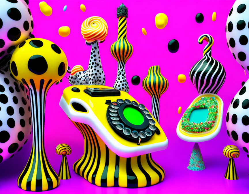 Colorful surreal landscape with abstract trees, yellow phone, and patterned egg-like objects