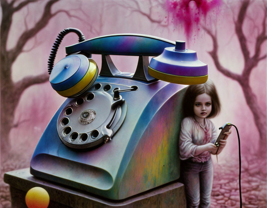 Surreal oversized rotary phone with paint splashes and girl in barren tree backdrop