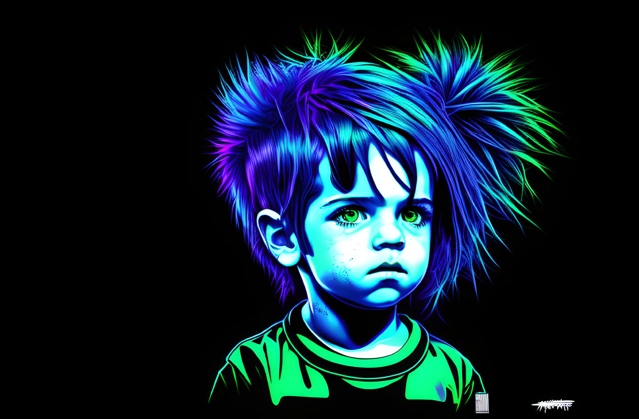 Vibrant neon blue and green child portrait on black background