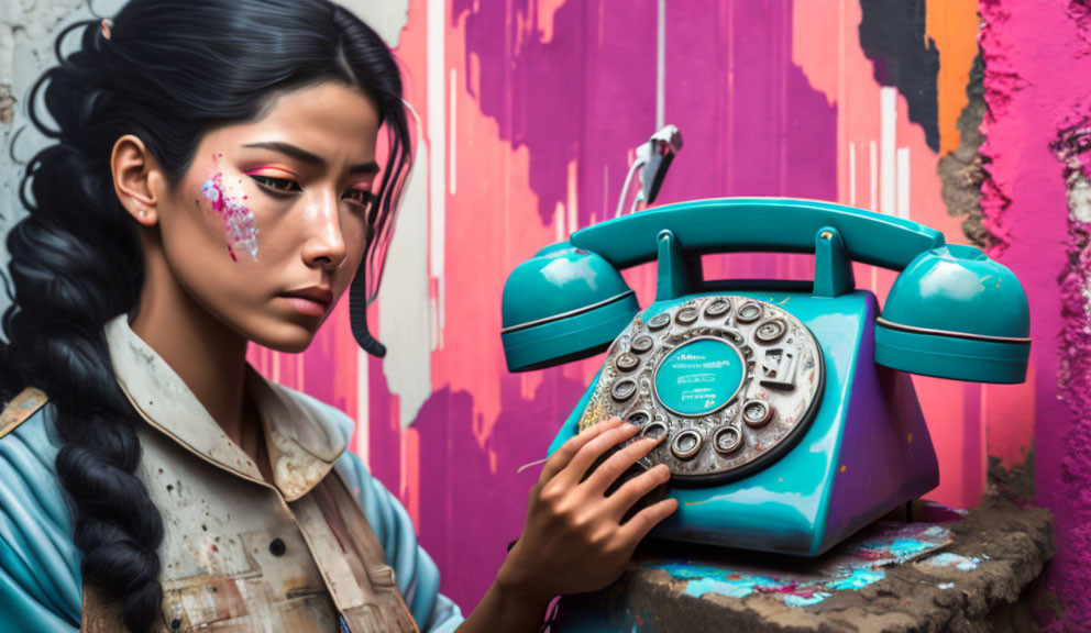 Woman with glitter makeup holding vintage rotary phone against vibrant graffiti wall