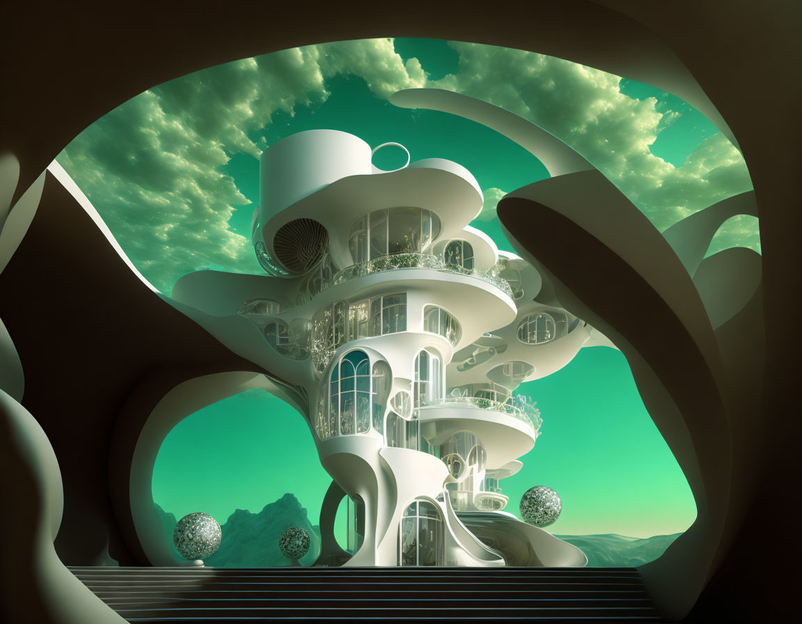 Organic-shaped futuristic building under green sky with curved openings.