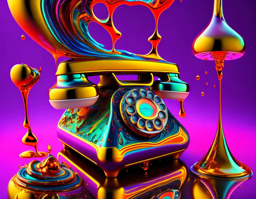 Colorful Psychedelic Melting Rotary Phone on Purple Background