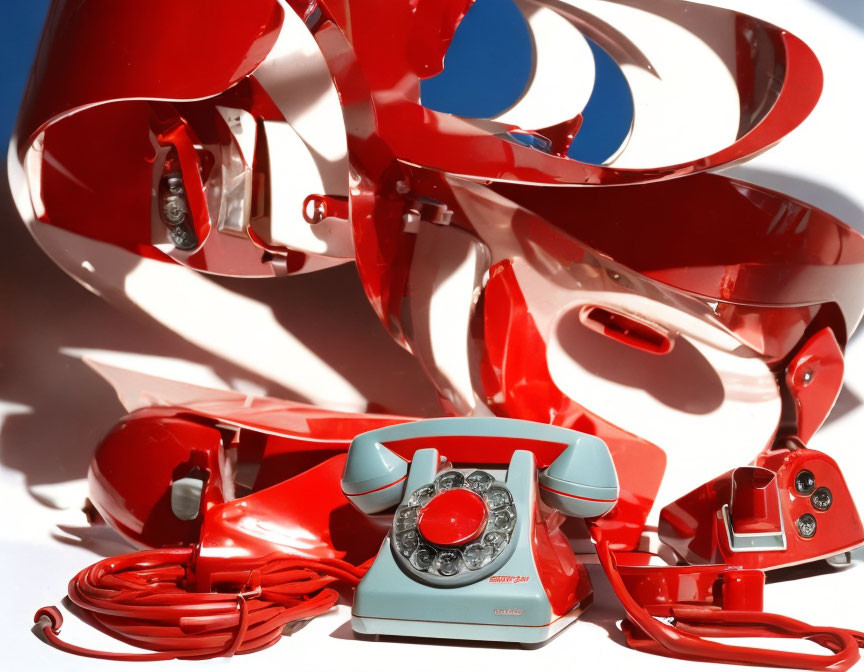 Red rotary dial telephone deconstructed on white background