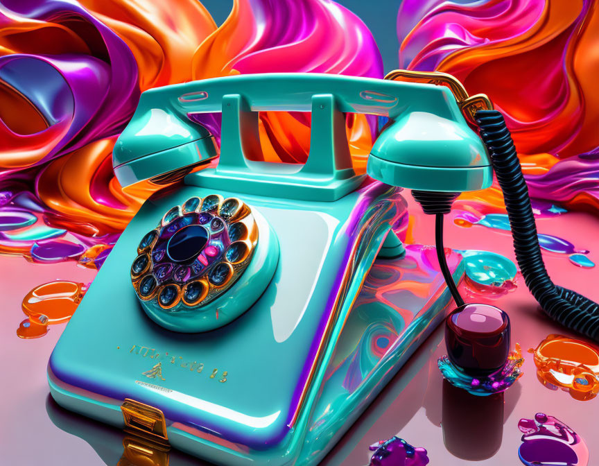 Colorful Surrealist Image with Glossy Turquoise Rotary Dial Phone