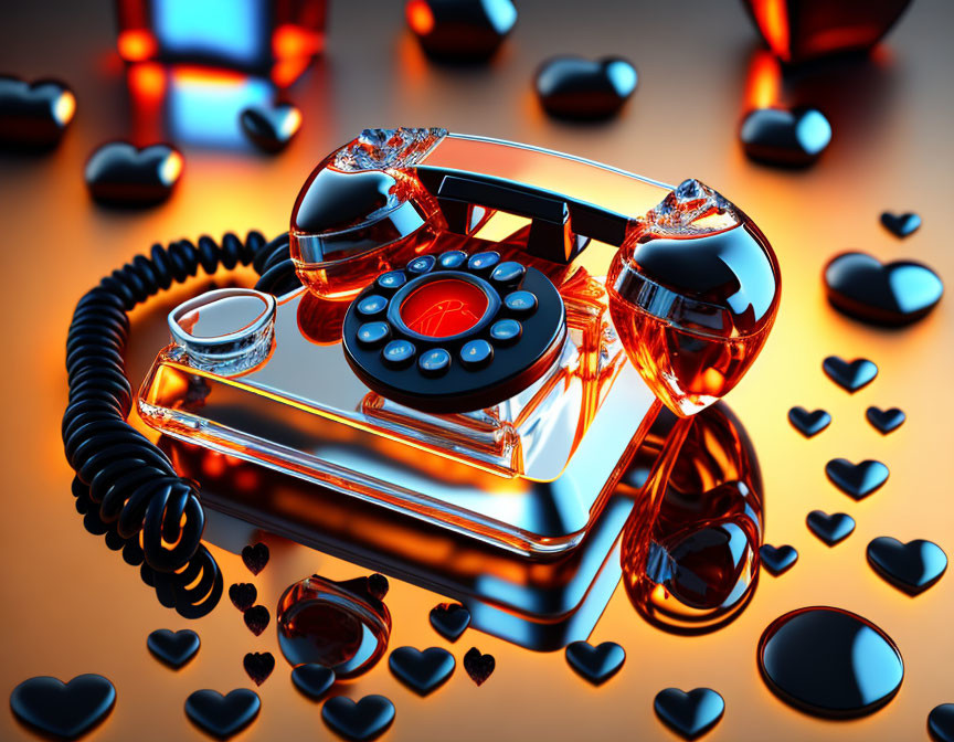 Vintage Glass Rotary Phone with Glass Hearts on Orange Reflective Surface