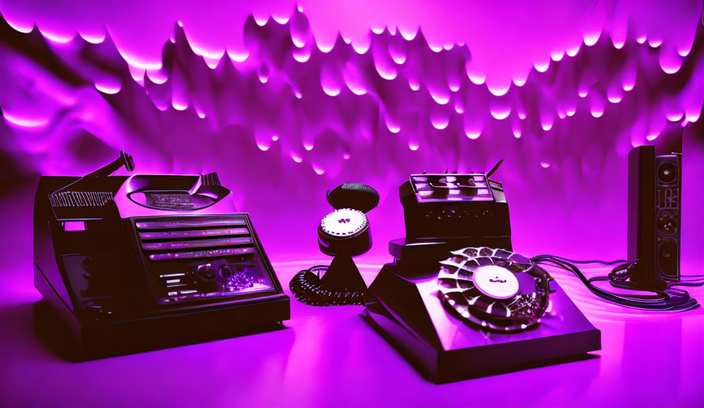 Retro rotary phone with vintage audio devices under purple lighting