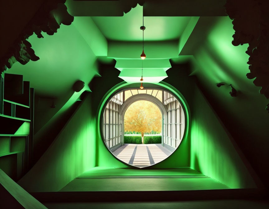 Circular Window in Green Room Overlooking Courtyard Trees & Clear Sky