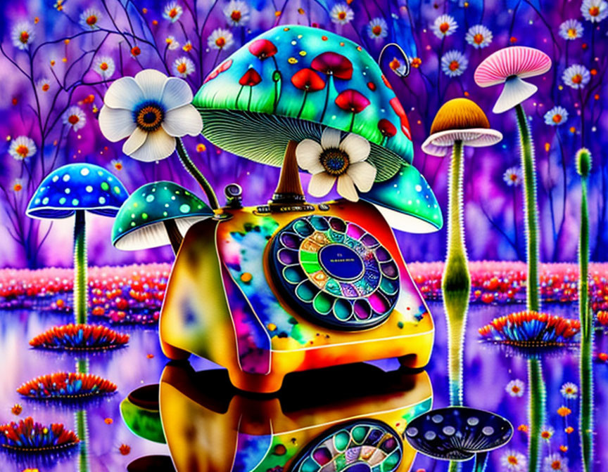 Colorful vintage telephone with mushroom and floral patterns in vibrant, flower-filled landscape