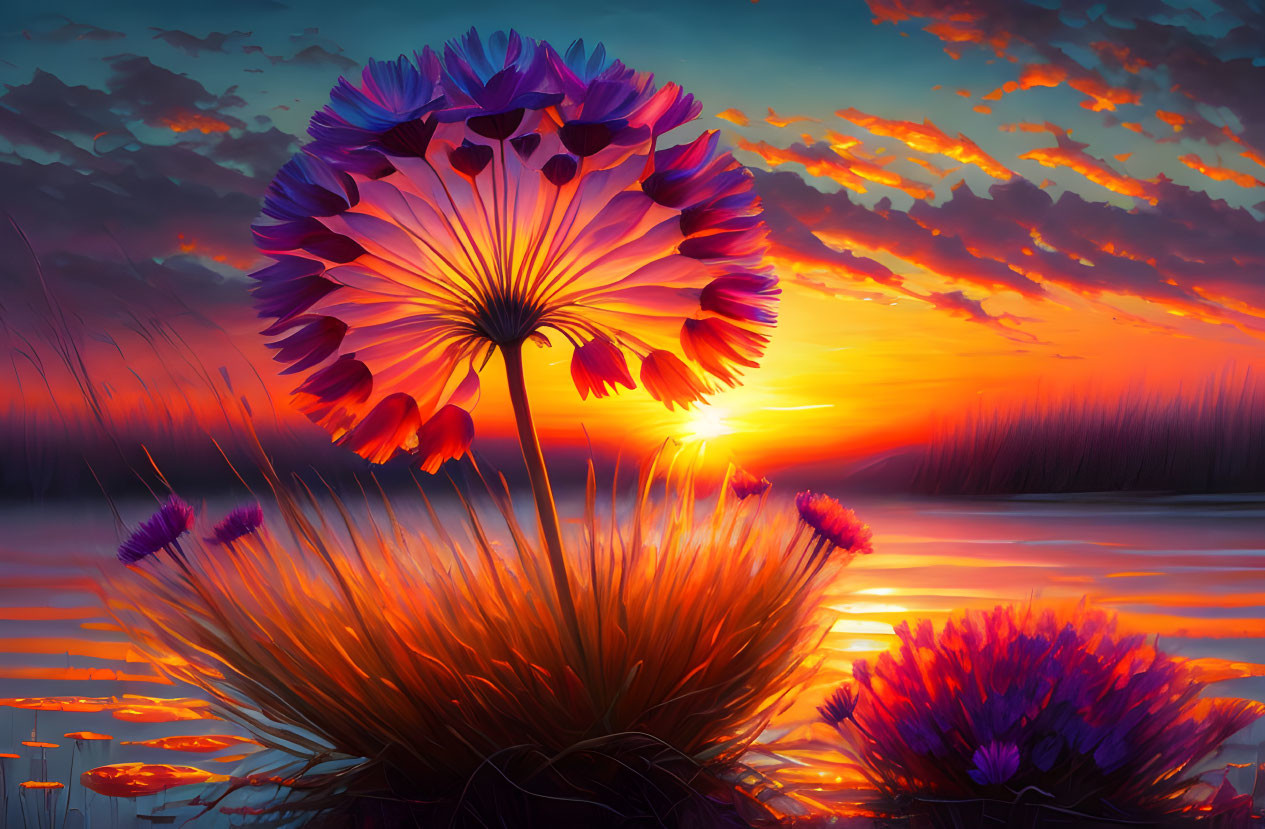 Colorful purple flower by lake at sunrise with reflections and grass.