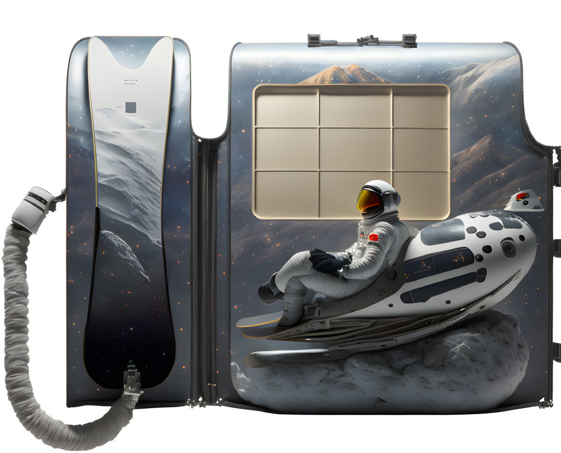 Astronaut on futuristic sled near space capsule in snowy mountain scene