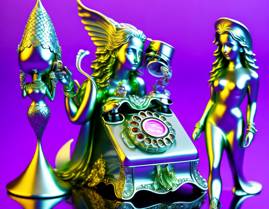 Three metallic humanoid figures next to vintage phone on purple background