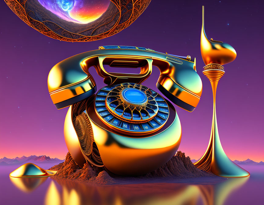 Surreal image: Golden telephone in desert with purple sky