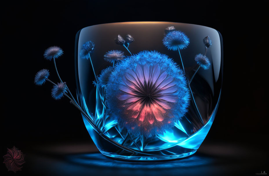 Digital Art: Glowing transparent bowl with blue and pink dandelion flowers on dark background